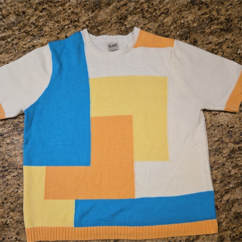Blair Vintage Colorblock Short Sleeve Spring Sweater WomenCream Blue Yellow M